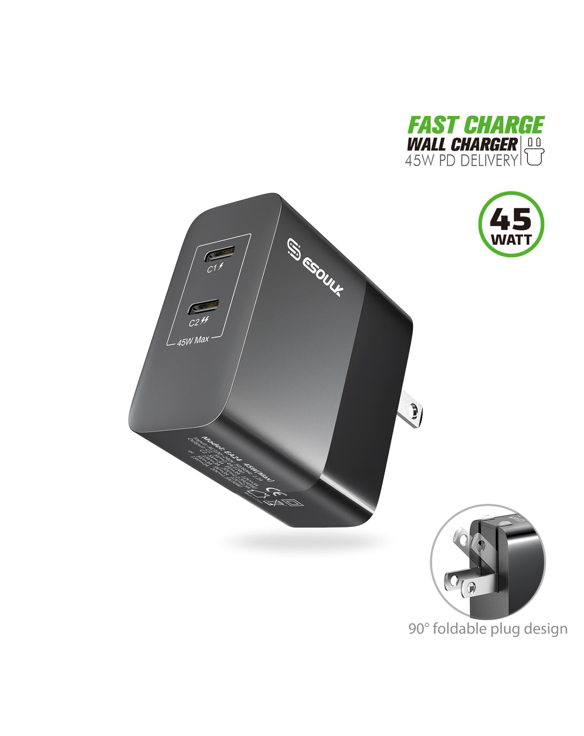 Esoulk PD Dual USB-C Wall Charger — 45W, Black