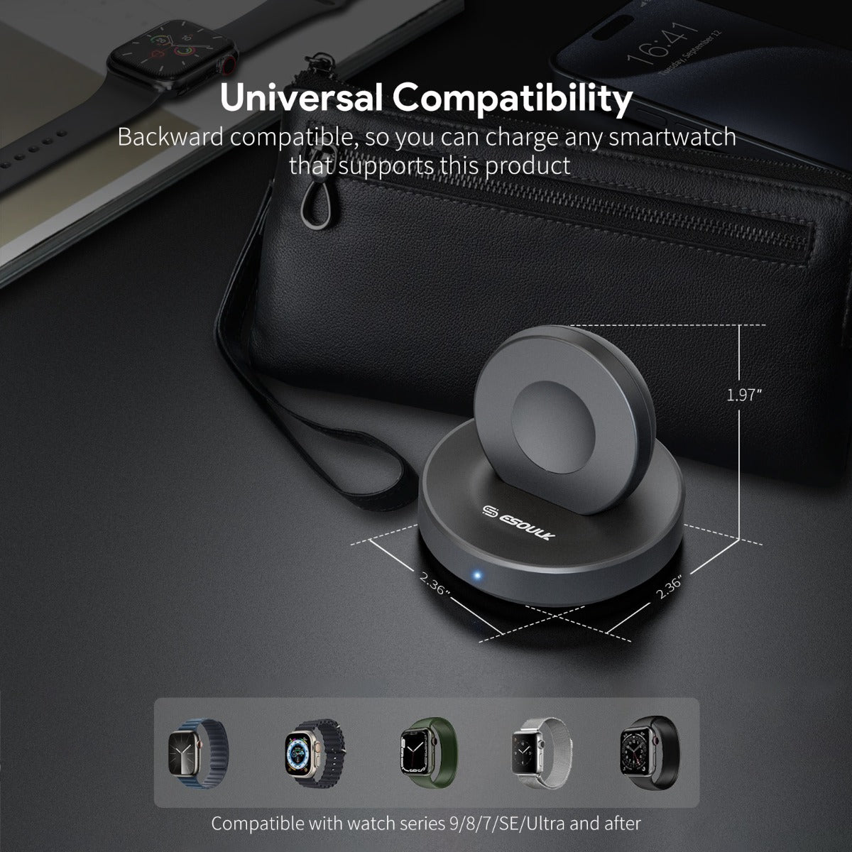 Esoulk Smart Watch Magnetic Wireless Charging Stand — Black, 3W