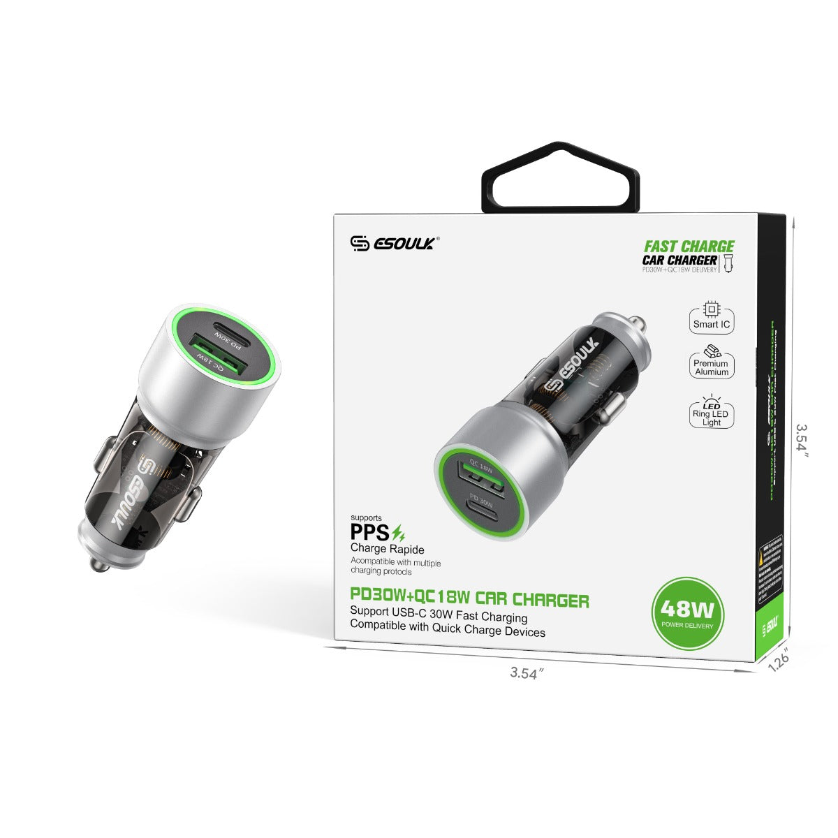 Esoulk PD QC USB A+c Car Charger — Silver, 48W