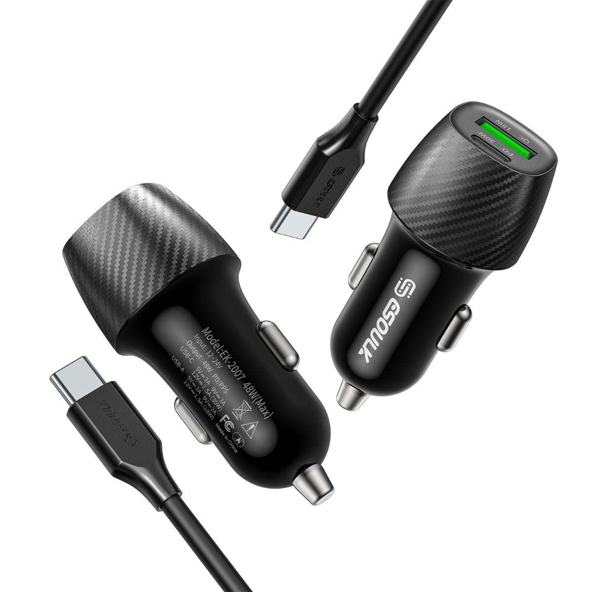 Esoulk Pd&qc USB-C+A Car Charger with USB-C to USB-C Cable — 3ft, 48W, Black