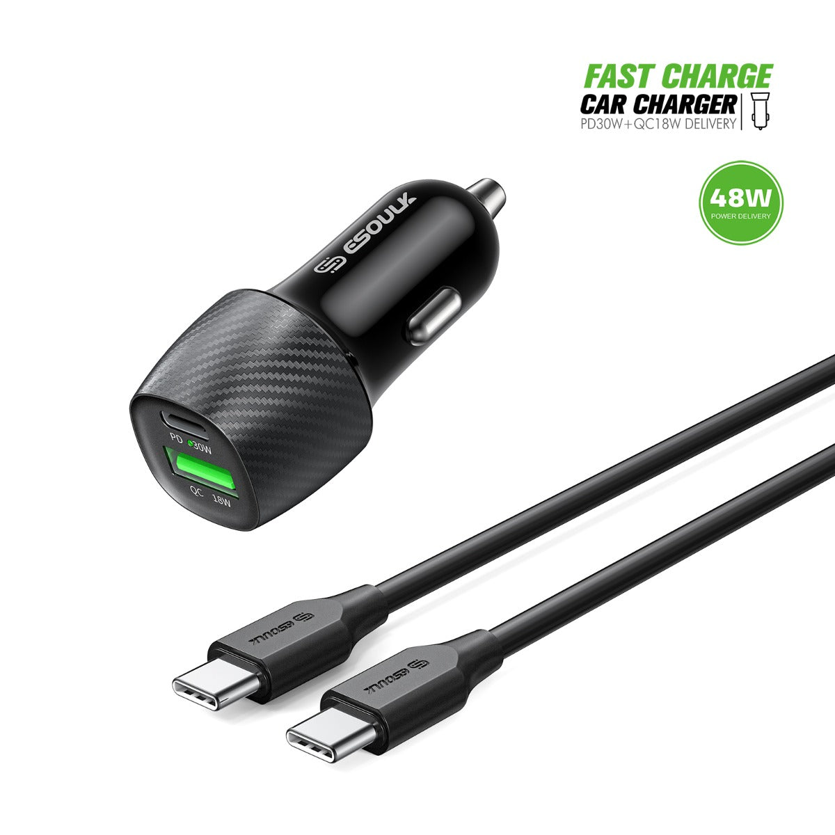 Esoulk Pd&qc USB-C+A Car Charger with USB-C to USB-C Cable — 3ft, 48W, Black