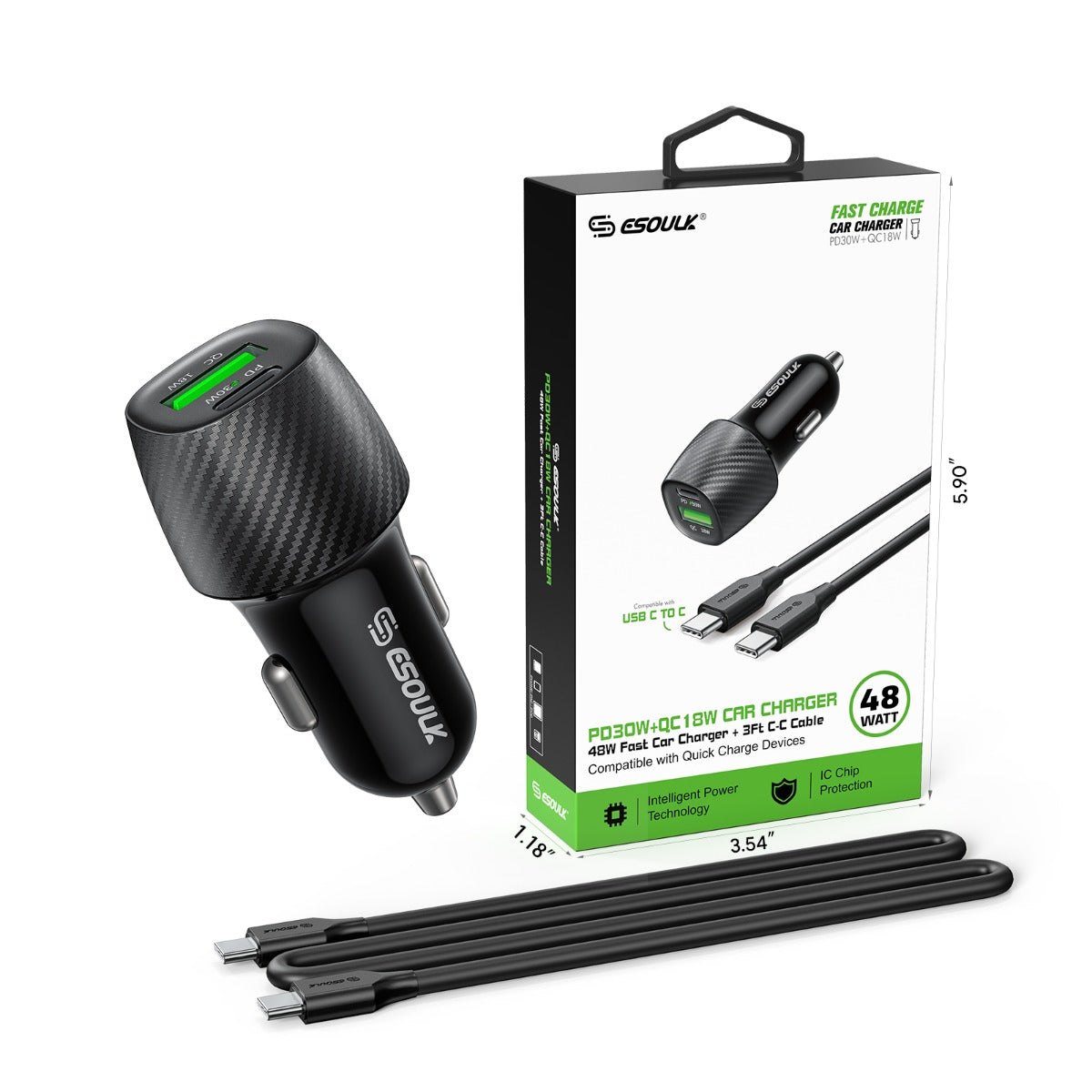Esoulk Pd&qc USB-C+A Car Charger with USB-C to USB-C Cable — 3ft, 48W, Black