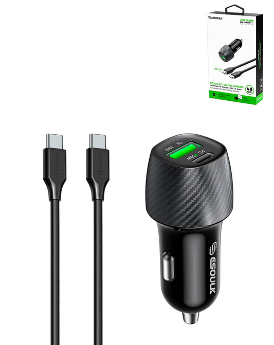 Esoulk Pd&qc USB-C+A Car Charger with USB-C to USB-C Cable — 3ft, 48W, Black