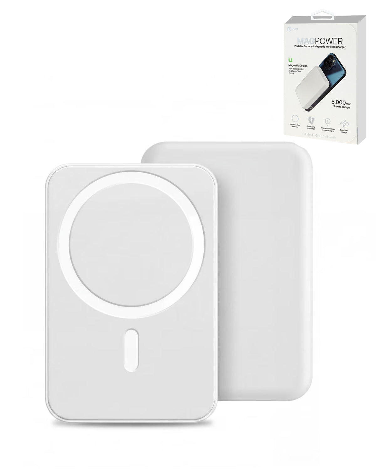 Pomgear MagPower Portable Magnetic Wireless Power Bank — White, 5000mAh