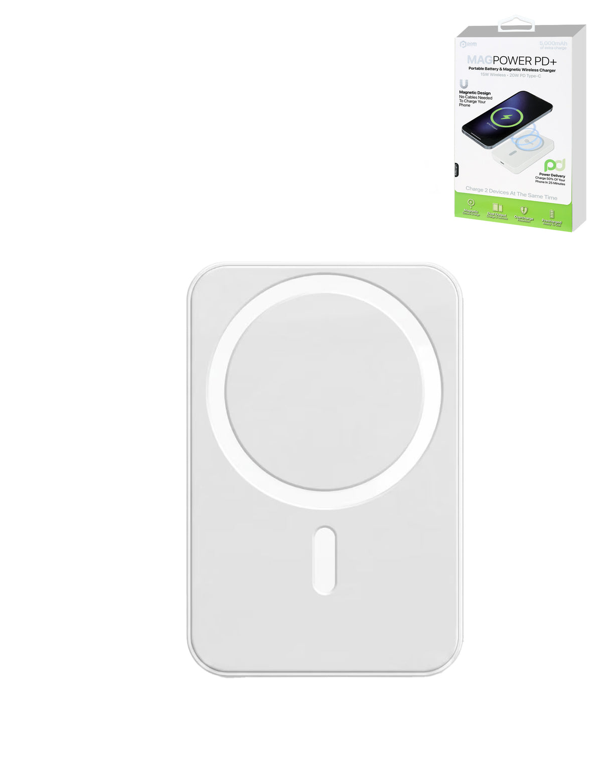 Pomgear MagPower Pd+ Portable Magnetic Wireless Power Bank — White, 5000mAh