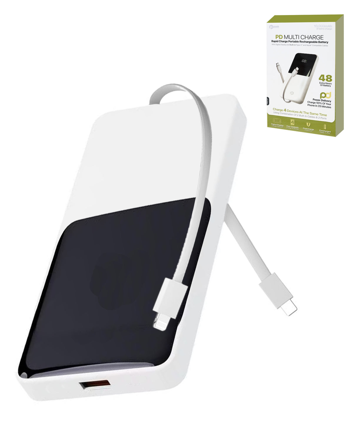 Pomgear PD Multi Charge Portable Power Bank with Digital Display — White, 10000mAh