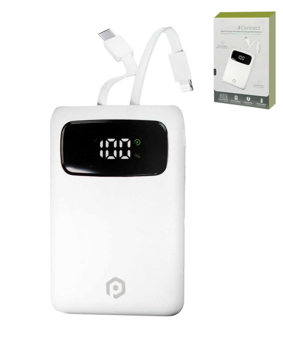 Pomgear Power4Connect Rapid Charge Portable Power Bank with Digital Display — White, 5000mAh
