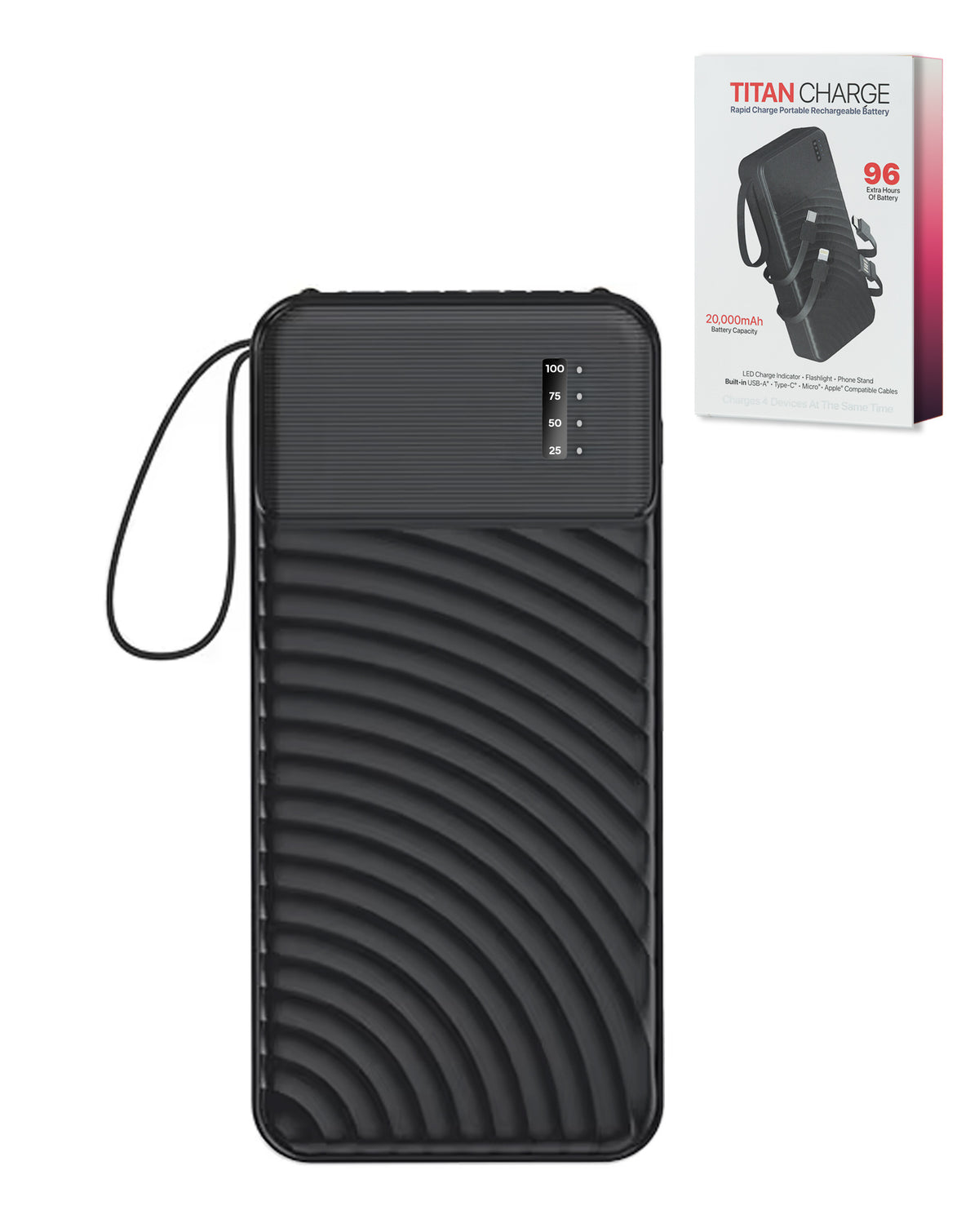 Pomgear Titan Charge Portable Powerbank with Built in Cables — Black, 20000mAh