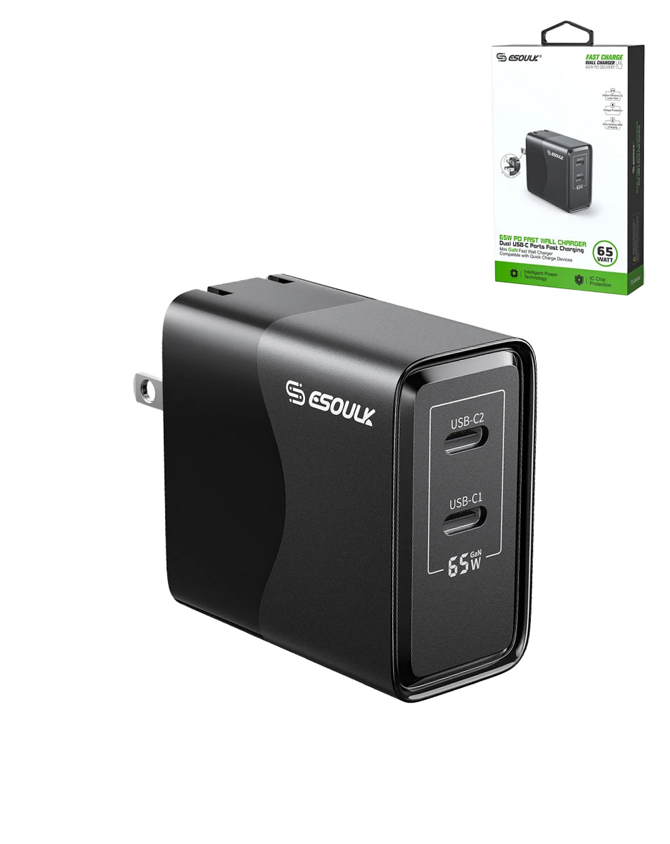 Esoulk EK2005 Dual USB-C Wall Charging Plug — Black, 65W