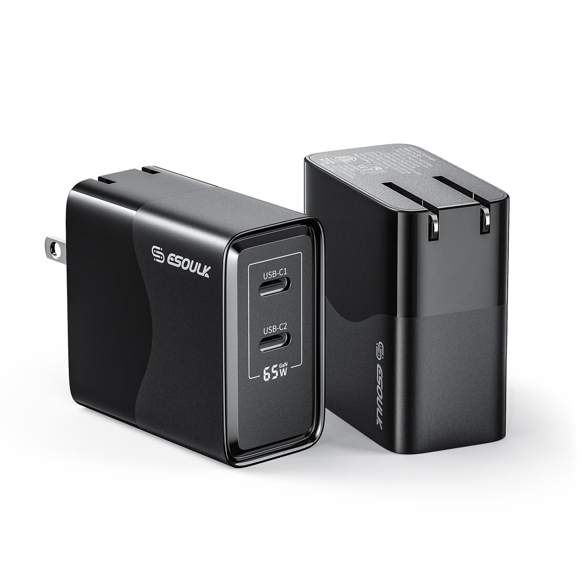 Esoulk EK2005 Dual USB-C Wall Charging Plug — Black, 65W