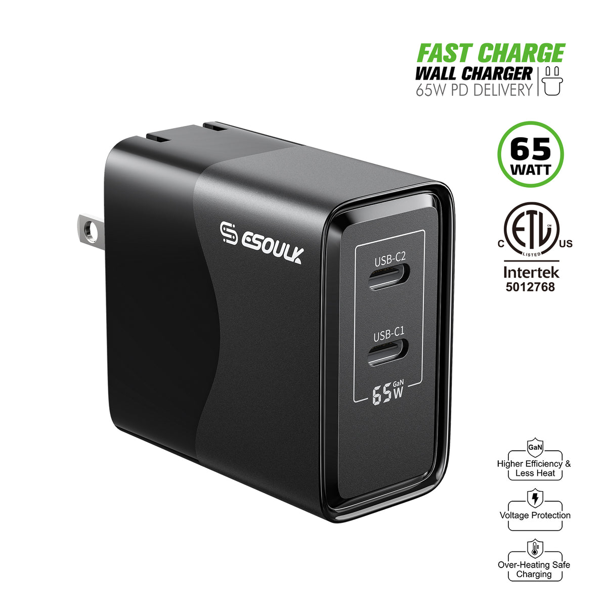 Esoulk EK2005 Dual USB-C Wall Charging Plug — Black, 65W