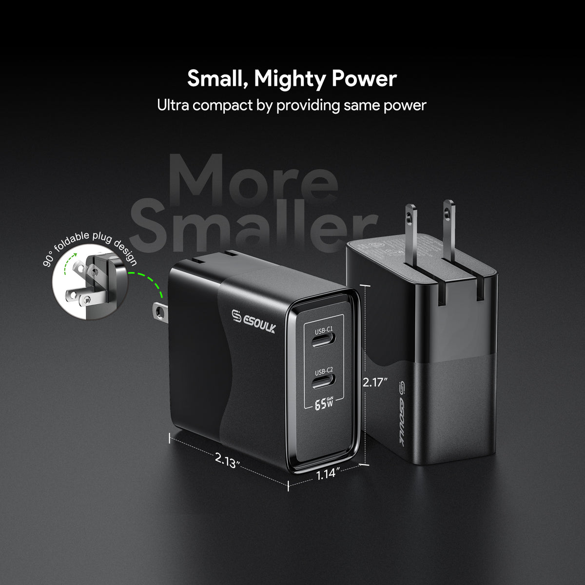 Esoulk EK2005 Dual USB-C Wall Charging Plug — Black, 65W