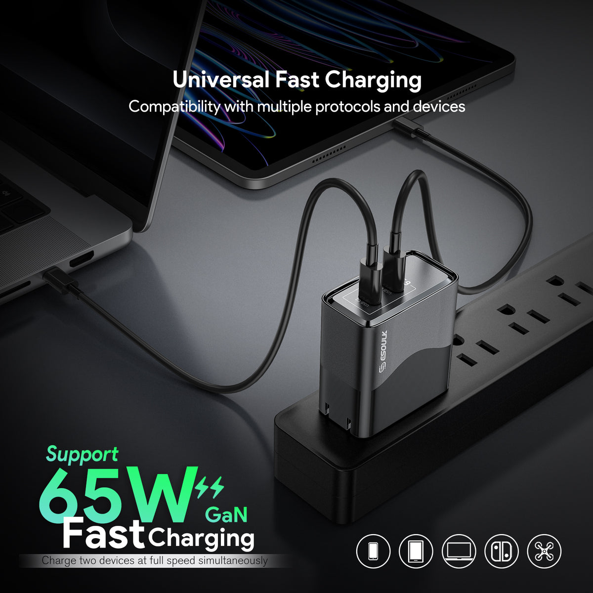 Esoulk EK2005 Dual USB-C Wall Charging Plug — Black, 65W
