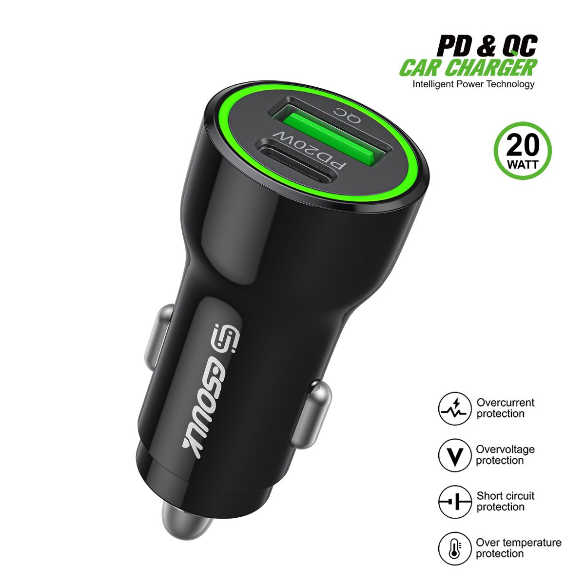 Esoulk PD & QC USB A+c Car Charger — Black, 20W, Pack of 12