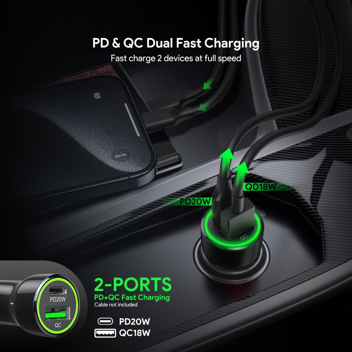 Esoulk PD & QC USB A+c Car Charger — Black, 20W, Pack of 12