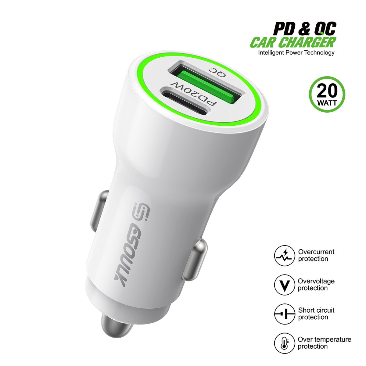 Esoulk PD & QC USB A+c Car Charger — White, 20W, Pack of 12