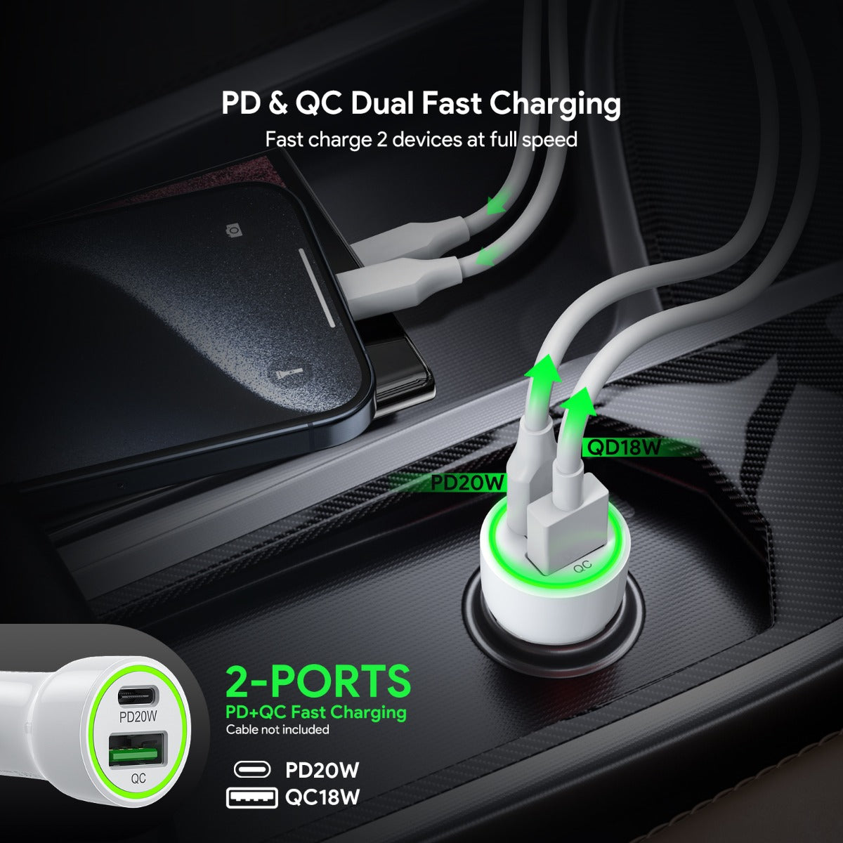 Esoulk PD & QC USB A+c Car Charger — White, 20W, Pack of 12