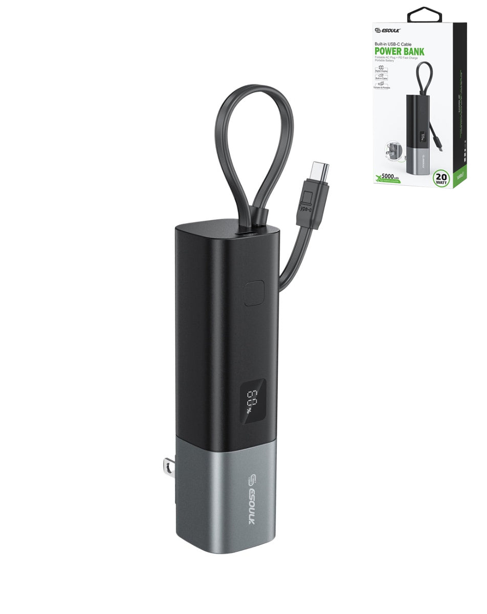 Esoulk Built-in USB-C Foldable AC Wall Plug Power Bank — Black, 5000 mAh / 20W