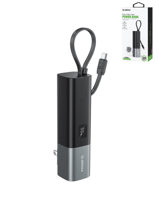Esoulk Built-in USB-C Foldable AC Wall Plug Power Bank — Black, 5000 mAh / 20W