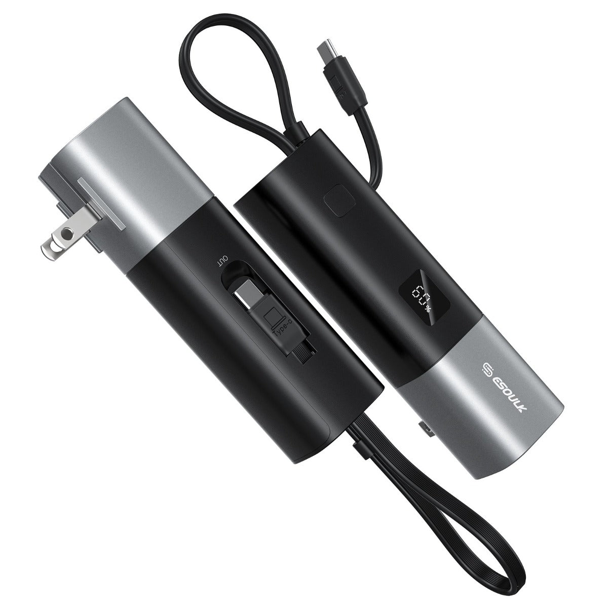 Esoulk Built-in USB-C Foldable AC Wall Plug Power Bank — Black, 5000 mAh / 20W