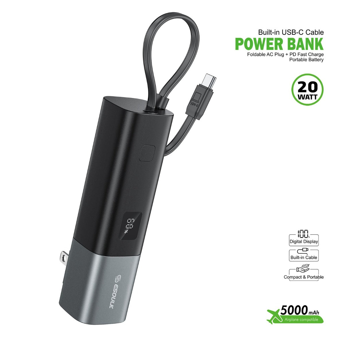 Esoulk Built-in USB-C Foldable AC Wall Plug Power Bank — Black, 5000 mAh / 20W