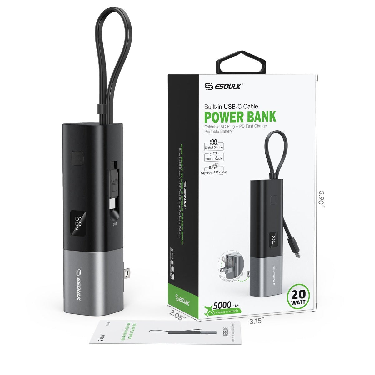 Esoulk Built-in USB-C Foldable AC Wall Plug Power Bank — Black, 5000 mAh / 20W