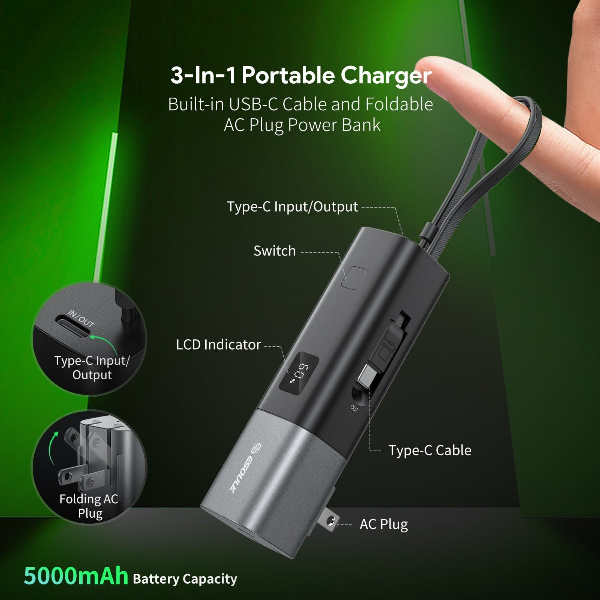 Esoulk Built-in USB-C Foldable AC Wall Plug Power Bank — Black, 5000 mAh / 20W