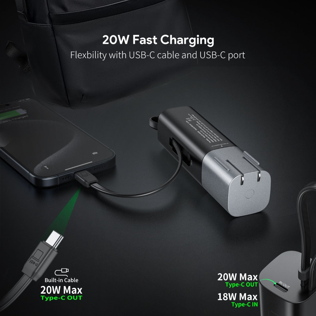 Esoulk Built-in USB-C Foldable AC Wall Plug Power Bank — Black, 5000 mAh / 20W