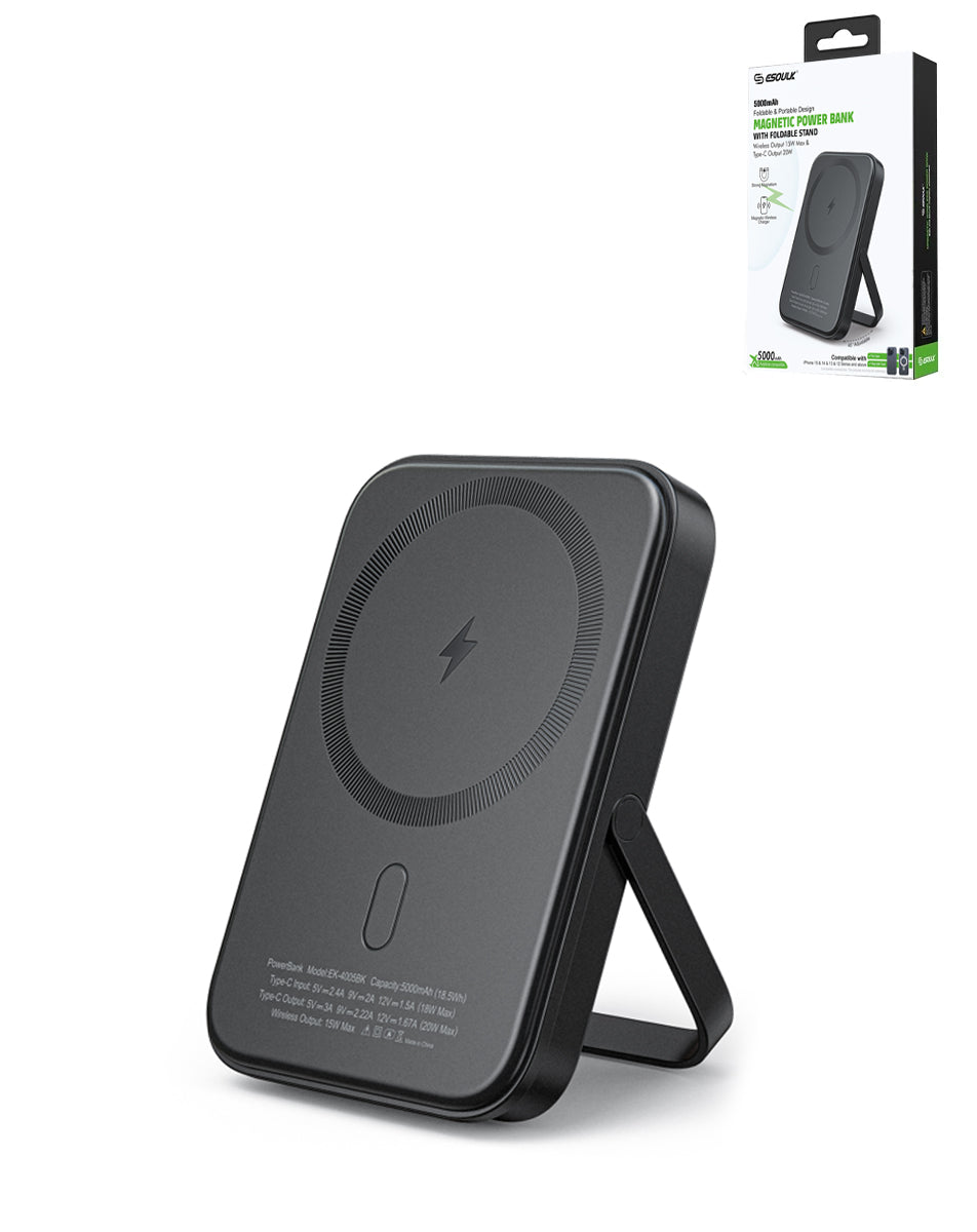 Esoulk Foldable Magnetic Wireless Power Bank with Foldable Stand — 5000 mAh / 15W, Black