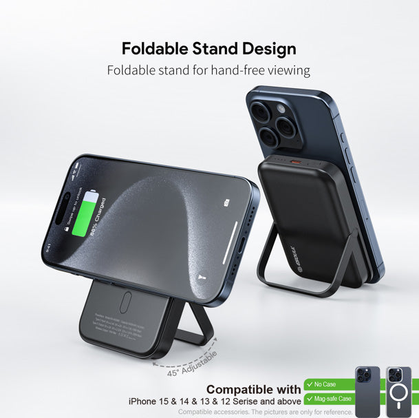 Esoulk Foldable Magnetic Wireless Power Bank with Foldable Stand — 5000 mAh / 15W, Black