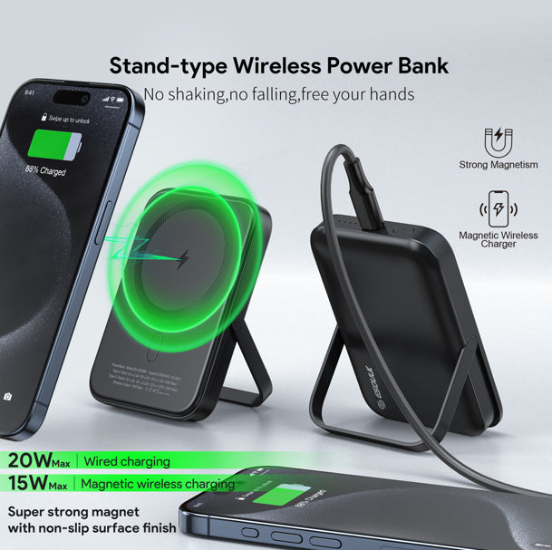 Esoulk Foldable Magnetic Wireless Power Bank with Foldable Stand — 5000 mAh / 15W, Black