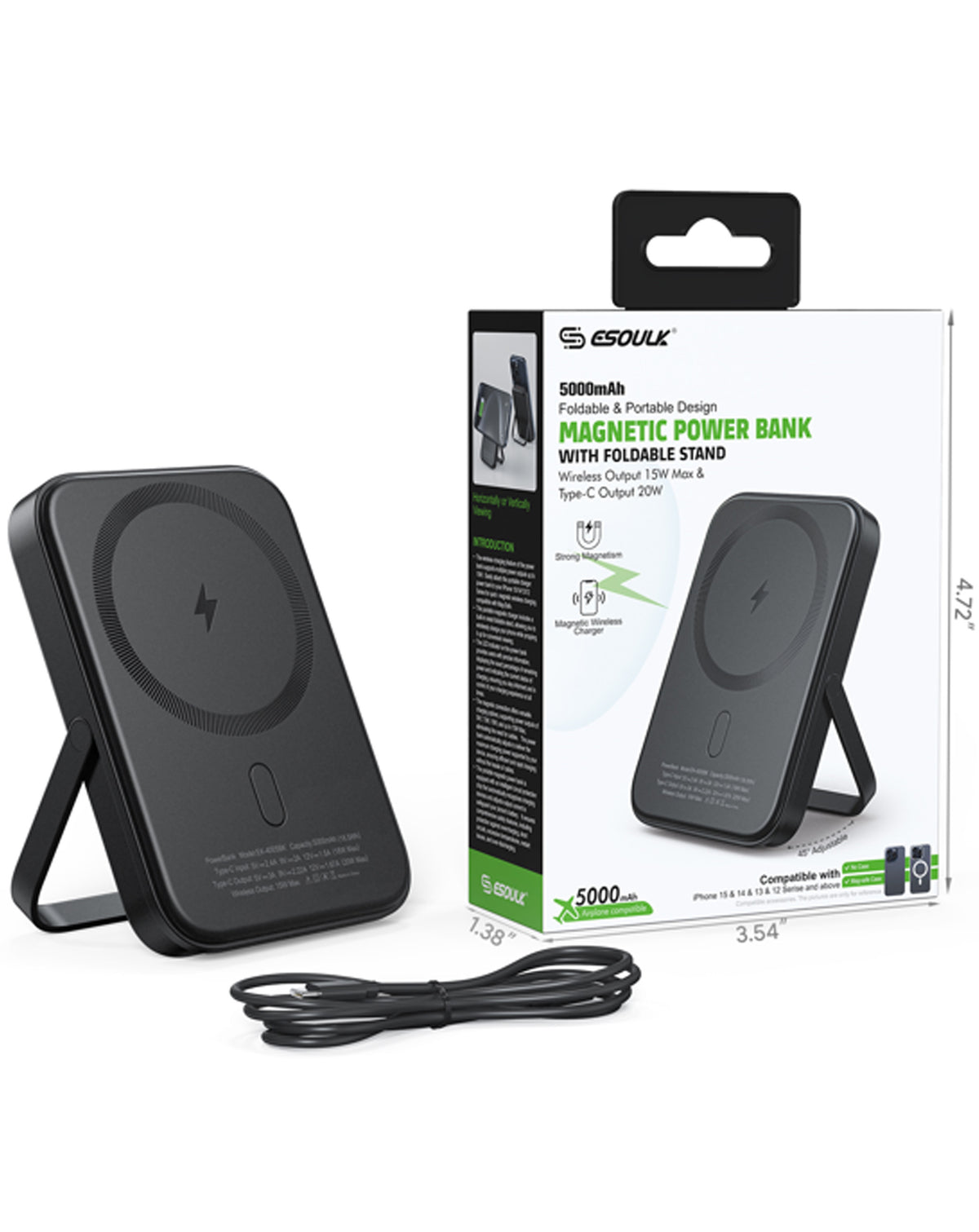 Esoulk Foldable Magnetic Wireless Power Bank with Foldable Stand — 5000 mAh / 15W, Black