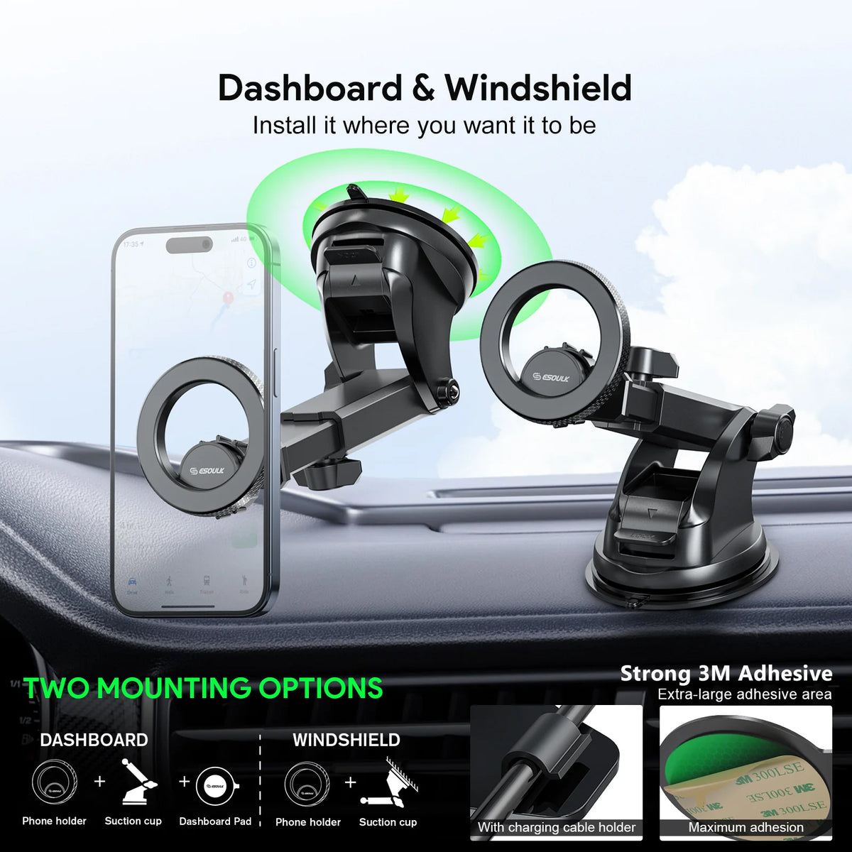 Esoulk 3009 Car Dashboard Magnetic Bracket Mount — Black