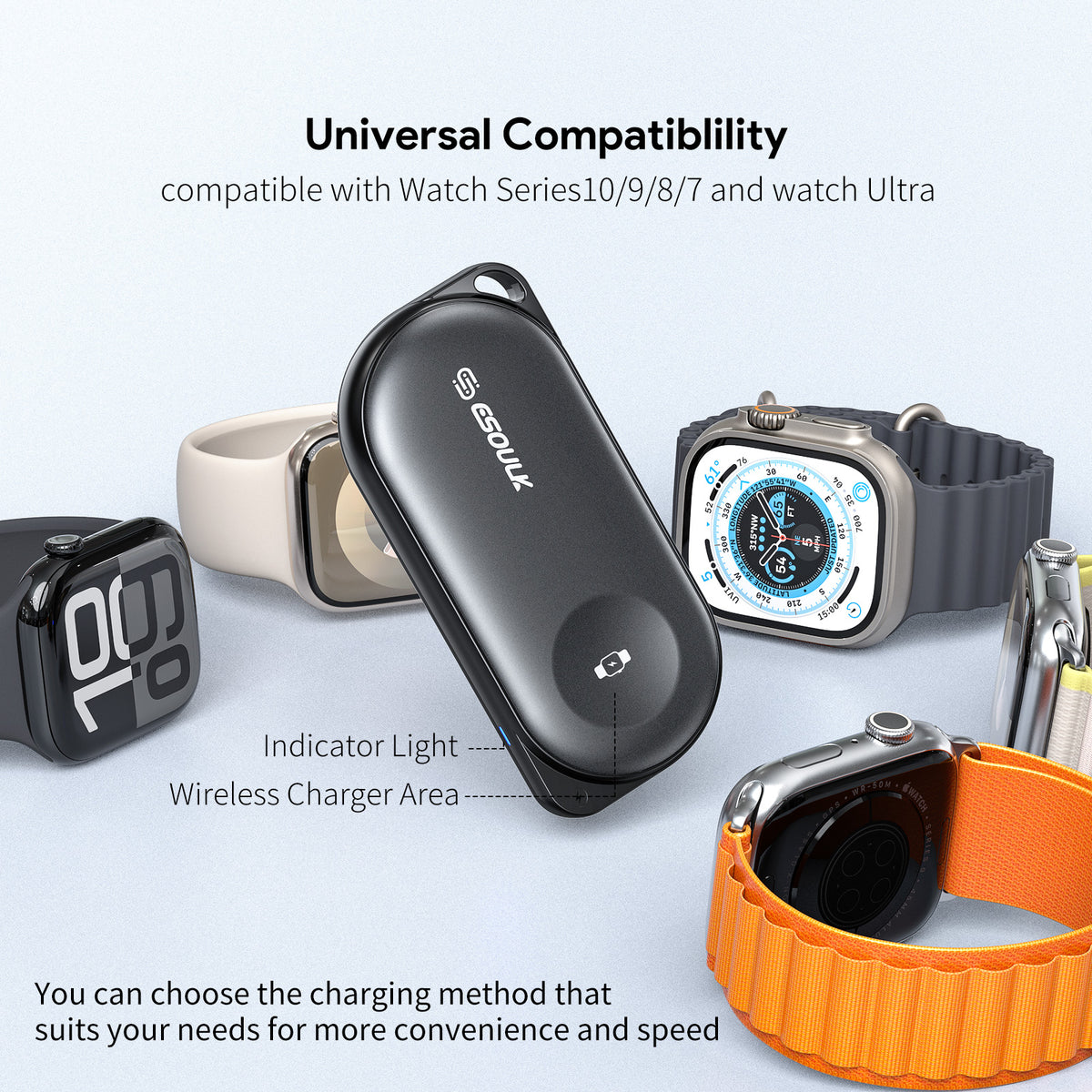 Esoulk Smart Watch Wireless Charging Power Bank — 1200 mAh, Black