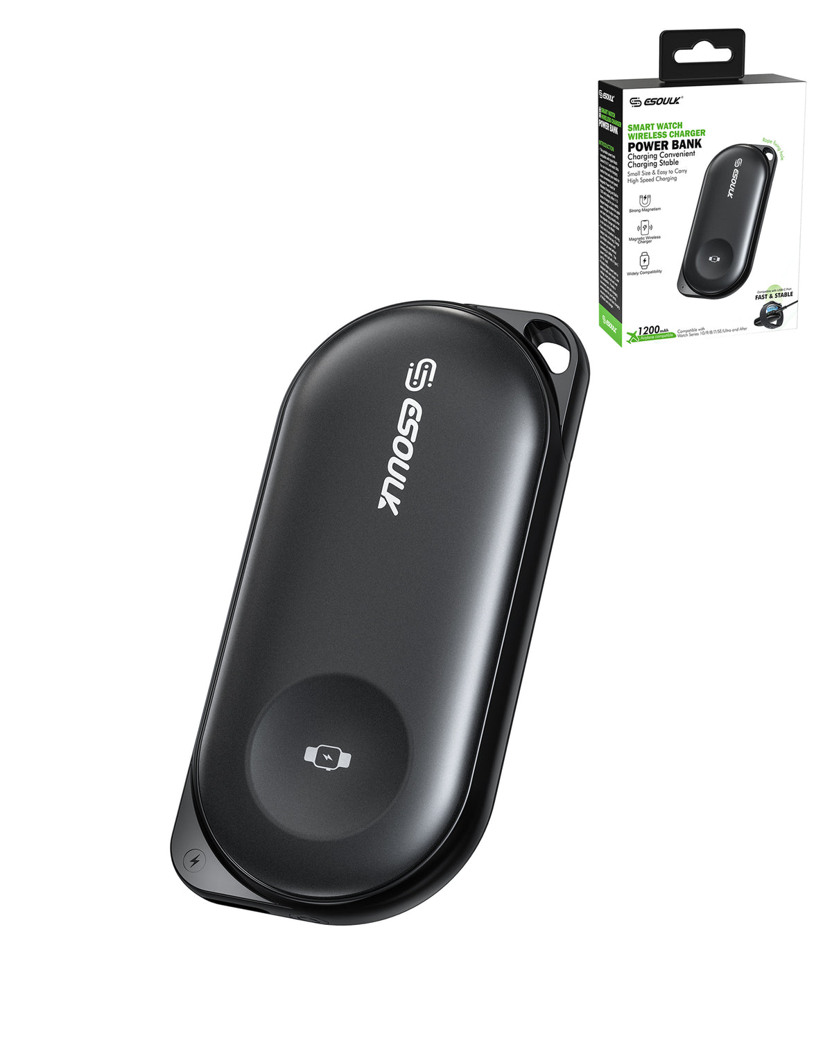 Esoulk Smart Watch Wireless Charging Power Bank — 1200 mAh, Black