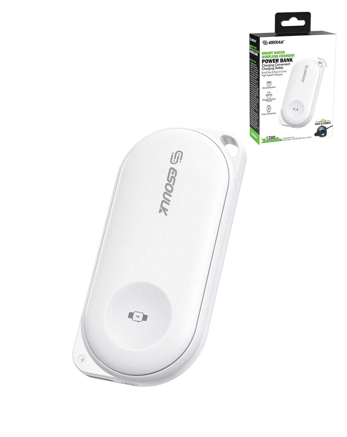 Esoulk Smart Watch Wireless Charging Power Bank — 1200 mAh, White