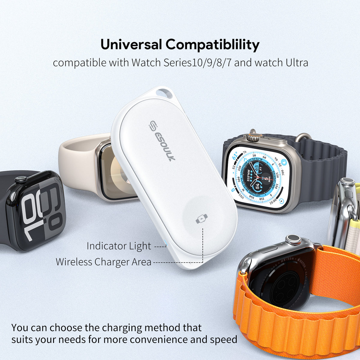 Esoulk Smart Watch Wireless Charging Power Bank — 1200 mAh, White