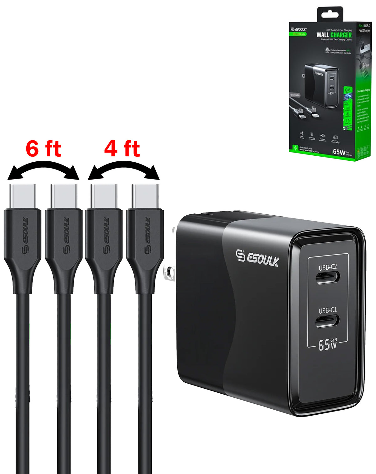 Esoulk EK2005 Dual USB-C Wall Charging Plug w/ 4ft & 6ft USB-C Cable — Black, 65W