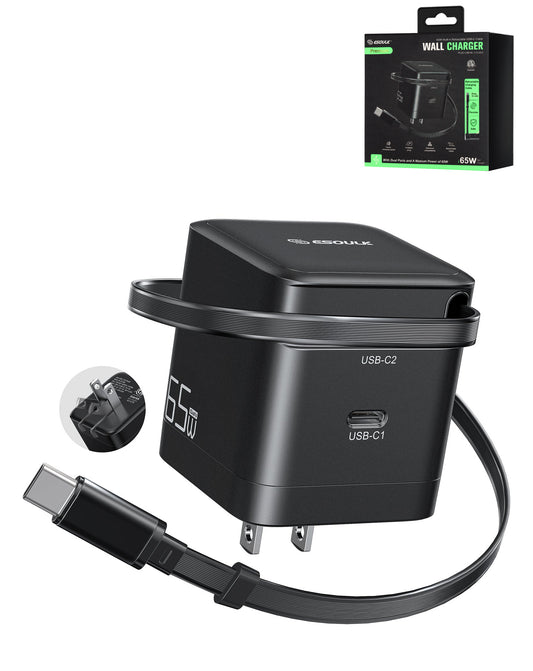 Esoulk Wall Charger Built-in Retractable with USB-C Cable — Black, 65W