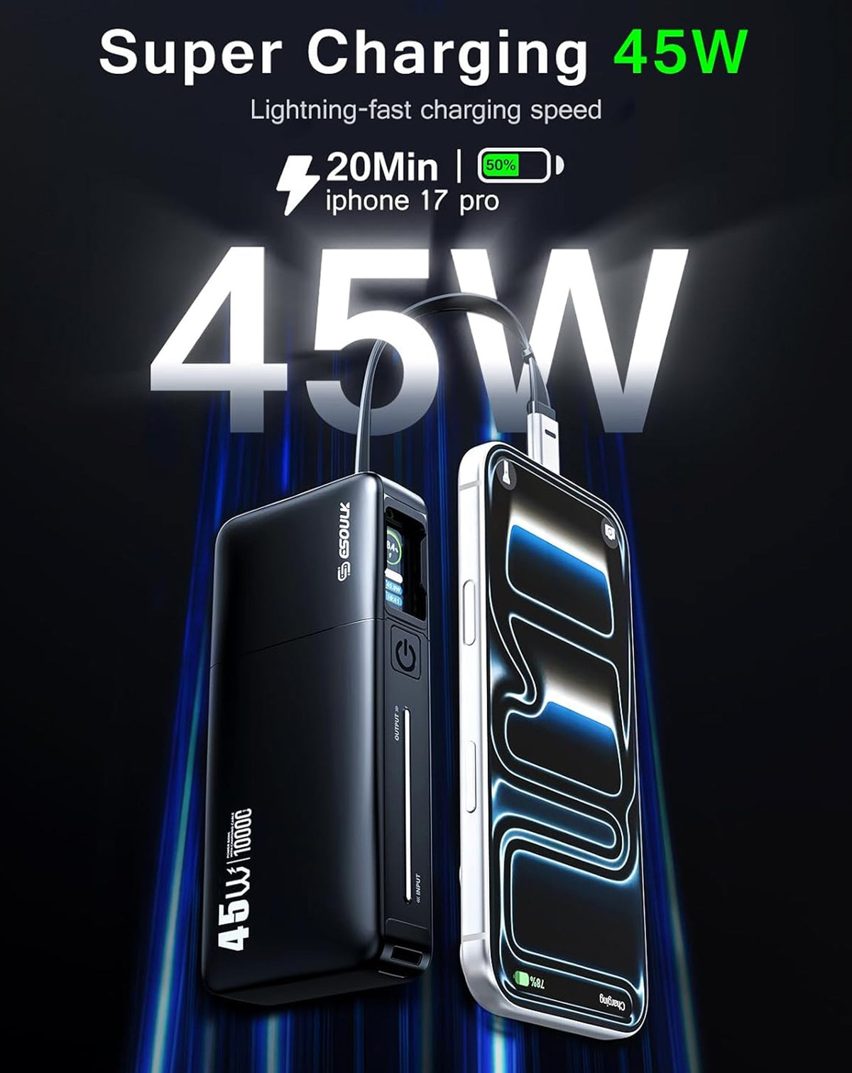 Esoulk Built-in Retractable Cable Power Bank — Black, 10000 mAh / 45W