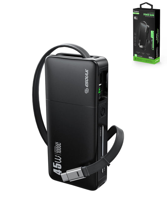 Esoulk Built-in Retractable Cable Power Bank — Black, 10000 mAh / 45W