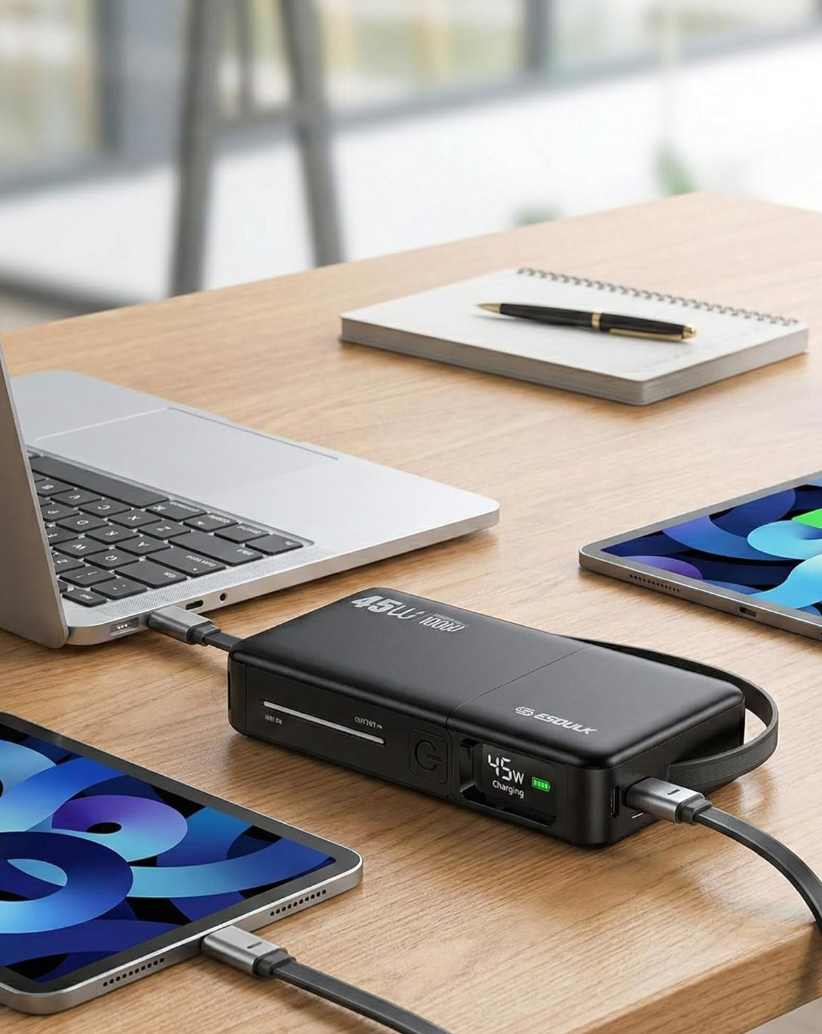 Esoulk Built-in Retractable Cable Power Bank — Black, 10000 mAh / 45W