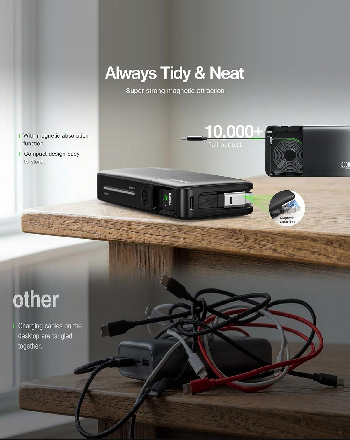 Esoulk Built-in Retractable Cable Power Bank — Black, 10000 mAh / 45W