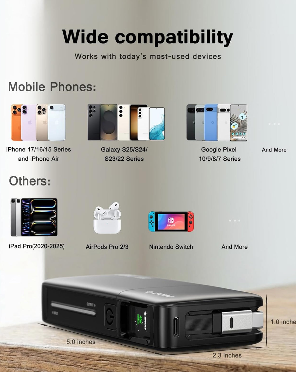 Esoulk Built-in Retractable Cable Power Bank — Black, 10000 mAh / 45W