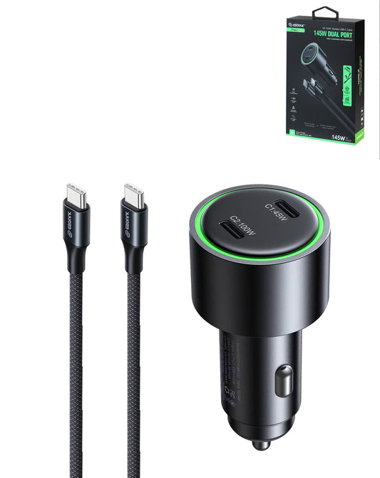 Super Fast Car Charger with USB-C Braided Cable — 145W, 6ft, 100W, Black