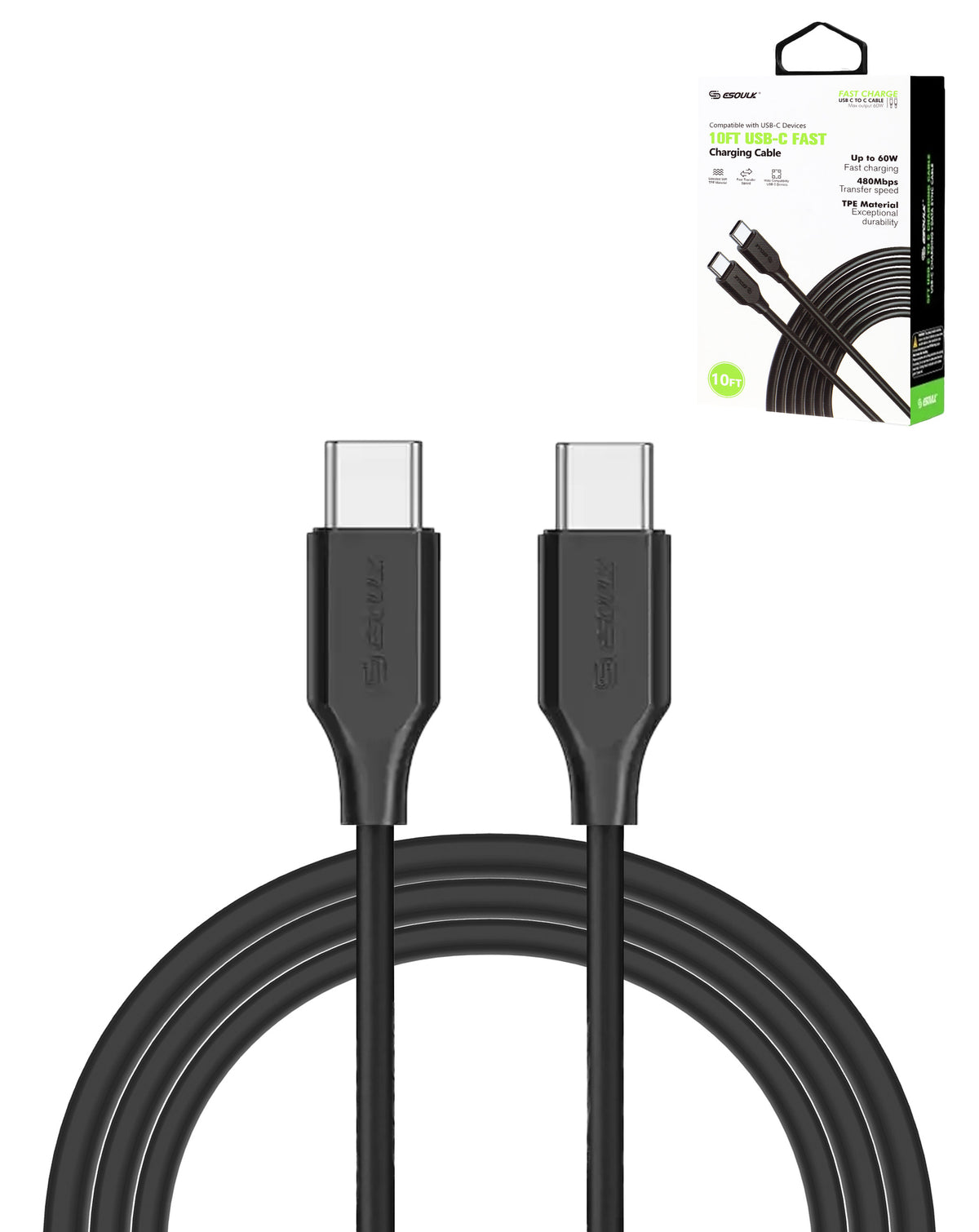 Esoulk EK1005 USB-C to USB-C Charging Cable — Black, 10ft, 60W