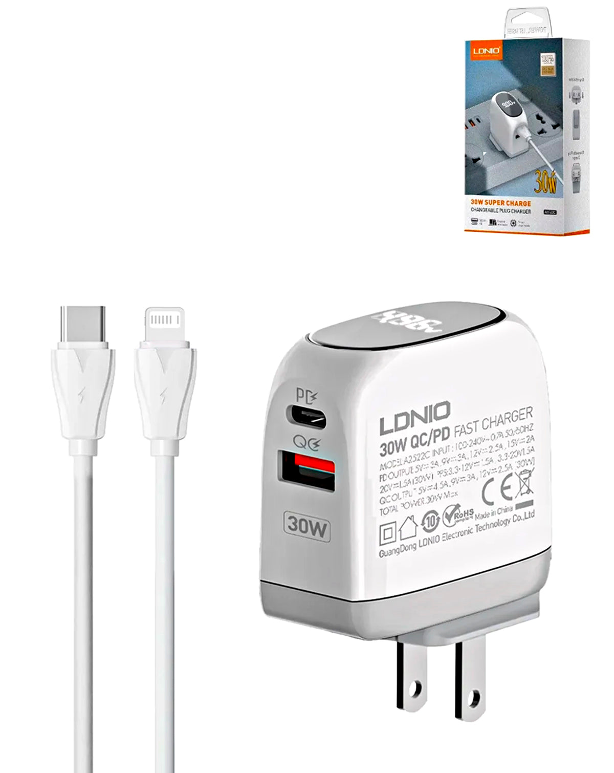LDNIO A2522C QC3.0+PD Dual USB A Wall Charger with USB-C to Lightning Non-MFI Cable — 3ft, 30W