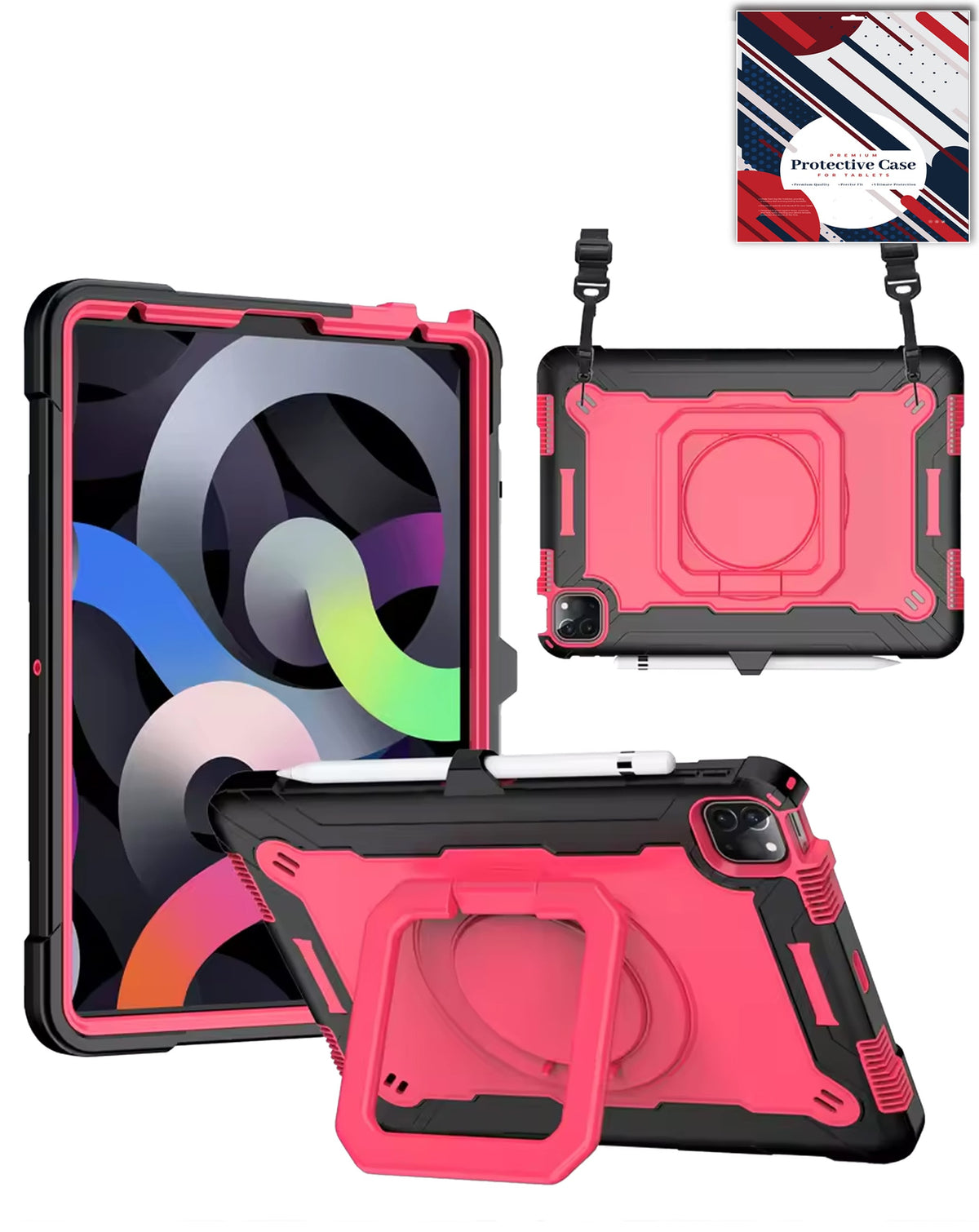 Kickstand Full-Body Case for iPad Air 4 / Air 5 / Pro 11 1st / 2nd / 3rd / 4th — Black & Hot Pink