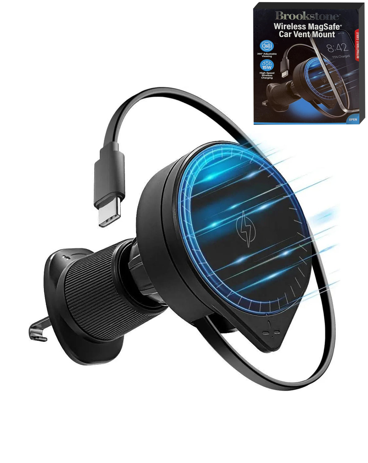 Brookstone Wireless MagSafe Car Mount with Retractable Cable — 15W, Black