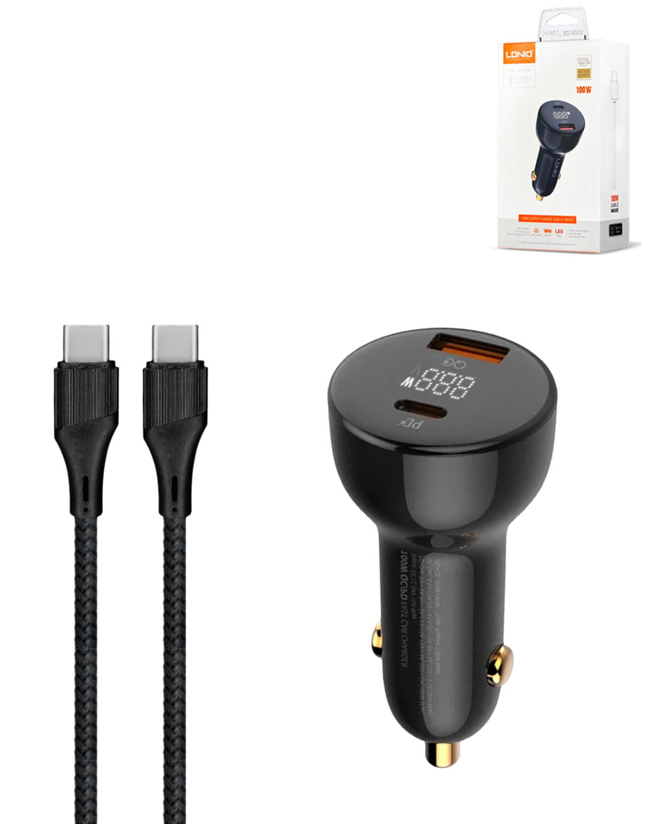 LDNIO C101 Dual USB A+c Car Charger with USB-C to USB-C Cable — 3ft, 100W, Gray